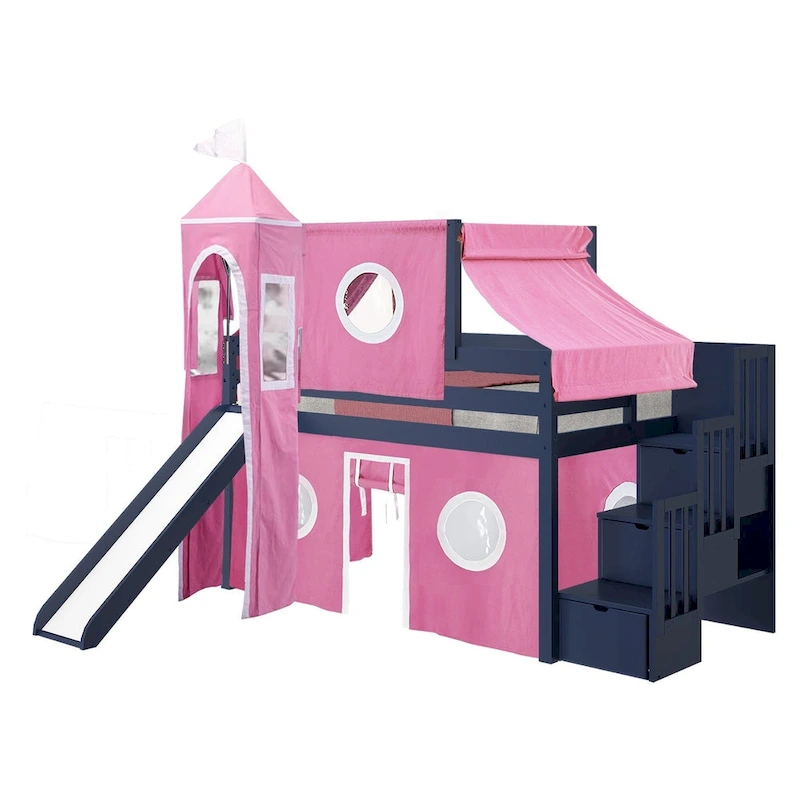 JACKPOT Prince & Princess Low Loft Twin Bed, Stairs Slide Tent & Tower