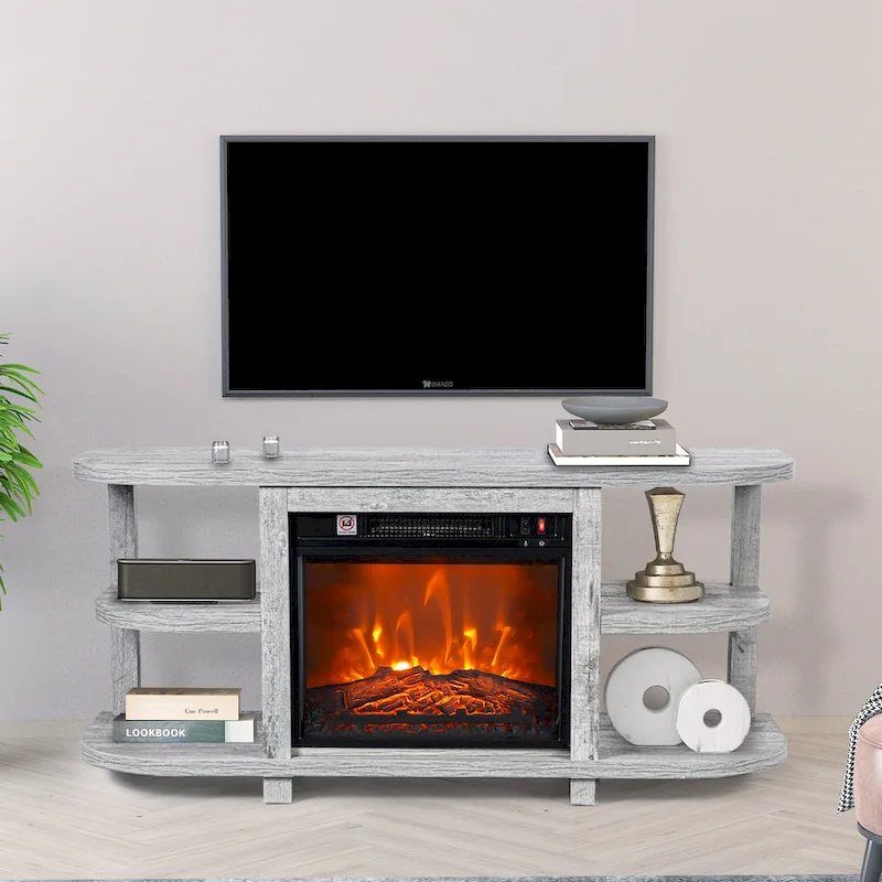 Grey TV Stand with Electric Fireplace, 48