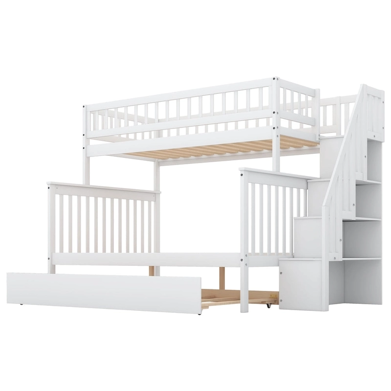 Twin over Full Bunk Bed with Trundle and Staircase,Gray