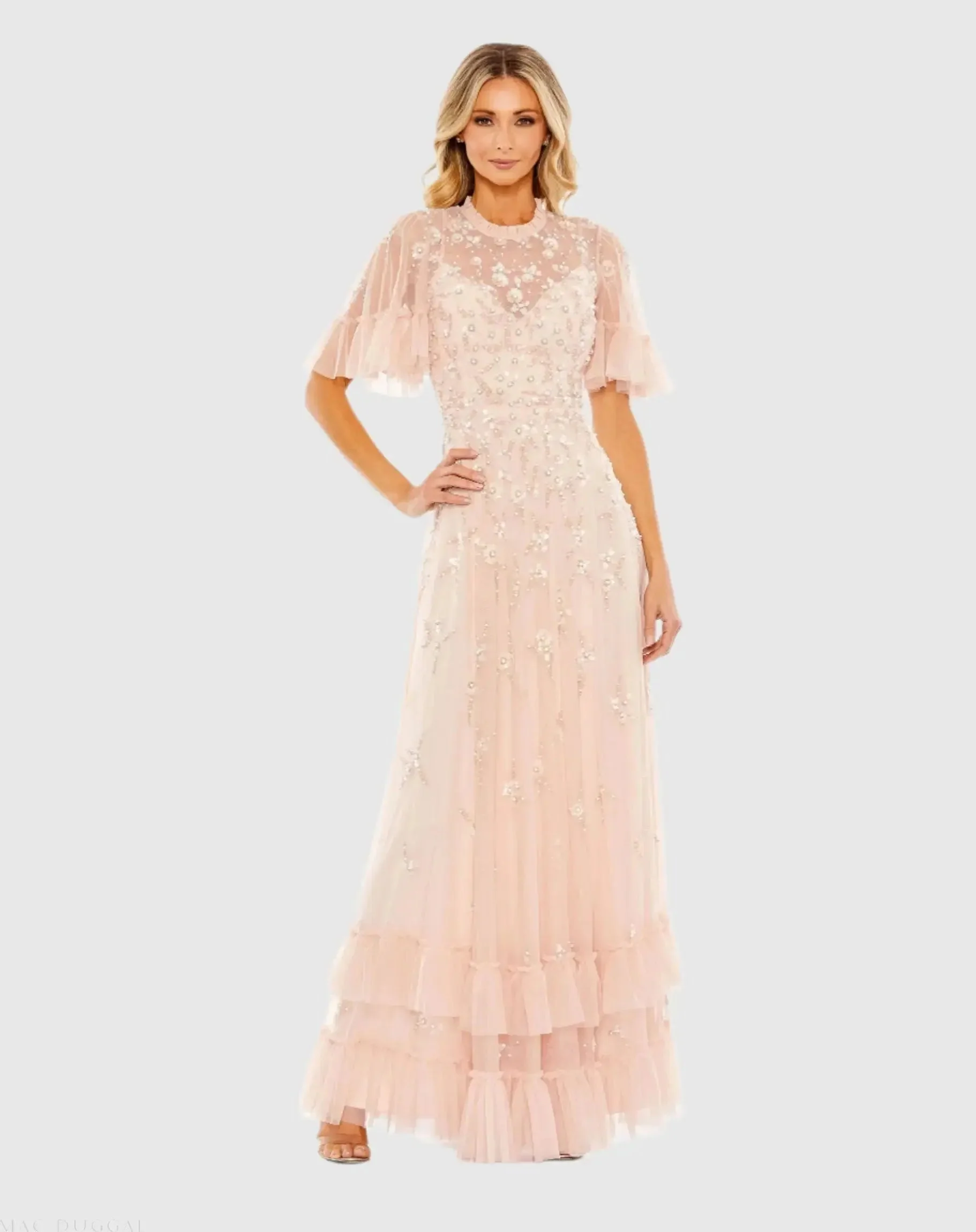Pink Ruffled Floral Embellished Flutter Sleeve A-Line Gown