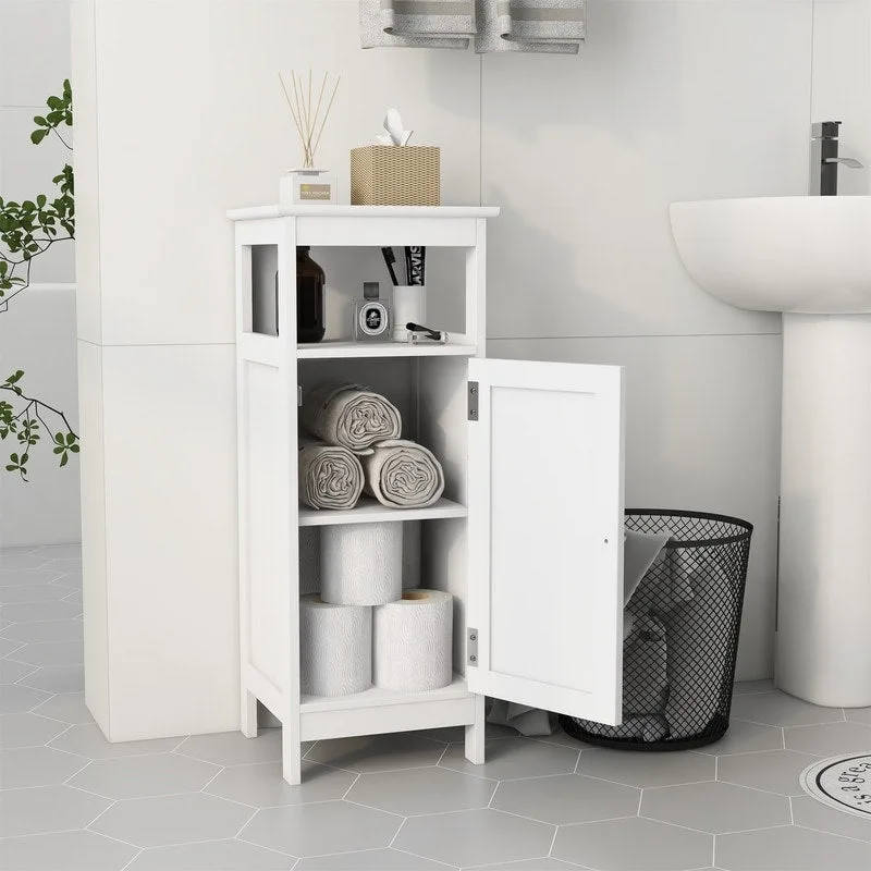 White Bathroom Floor Cabinet with Single Door, Freestanding Cupboard, Storage Organizer