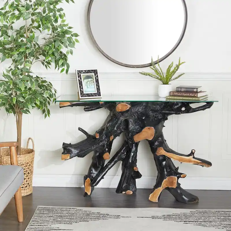 Black Live Edge Teak Wood Console Table with Clear Glass Top