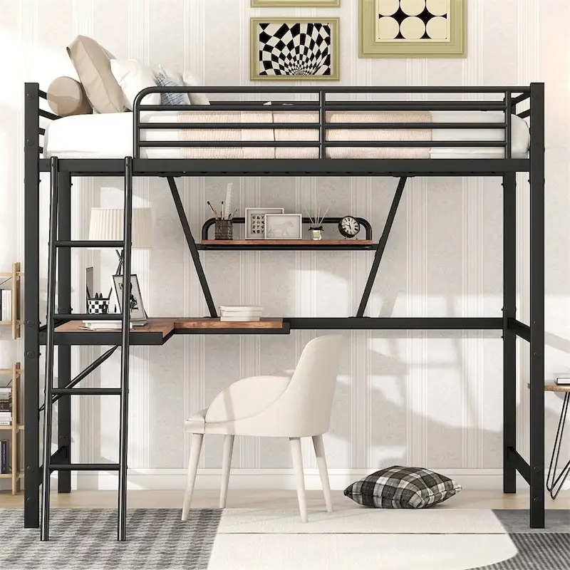 Merax Metal Loft Bed with L-shaped Desk and Shelf