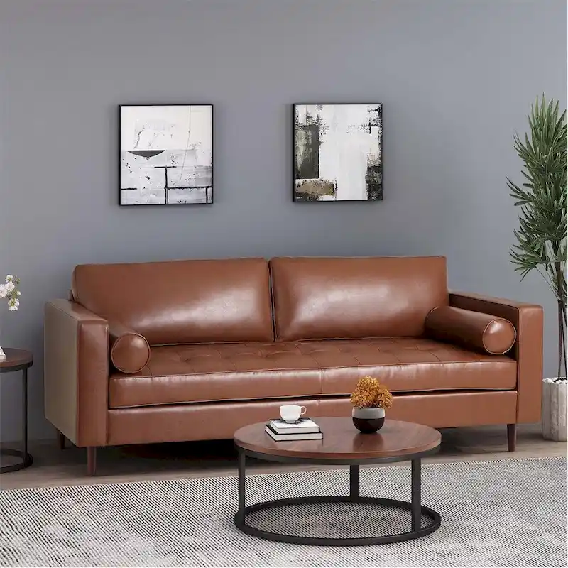 Light Brown Modern PU Leather 3-Seat Sofa with Wooden Legs