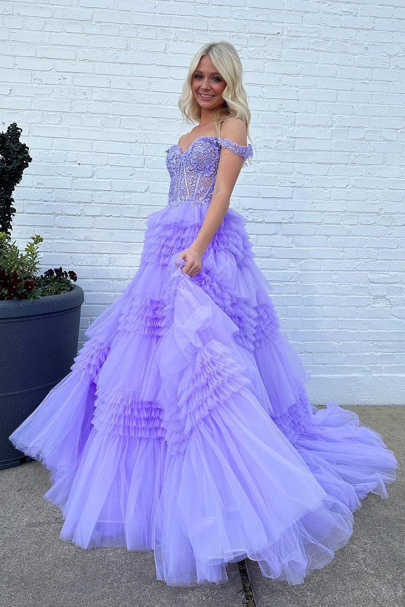 Red Tulle Off-the-Shoulder Ruffle Tiered Long Prom Dress
