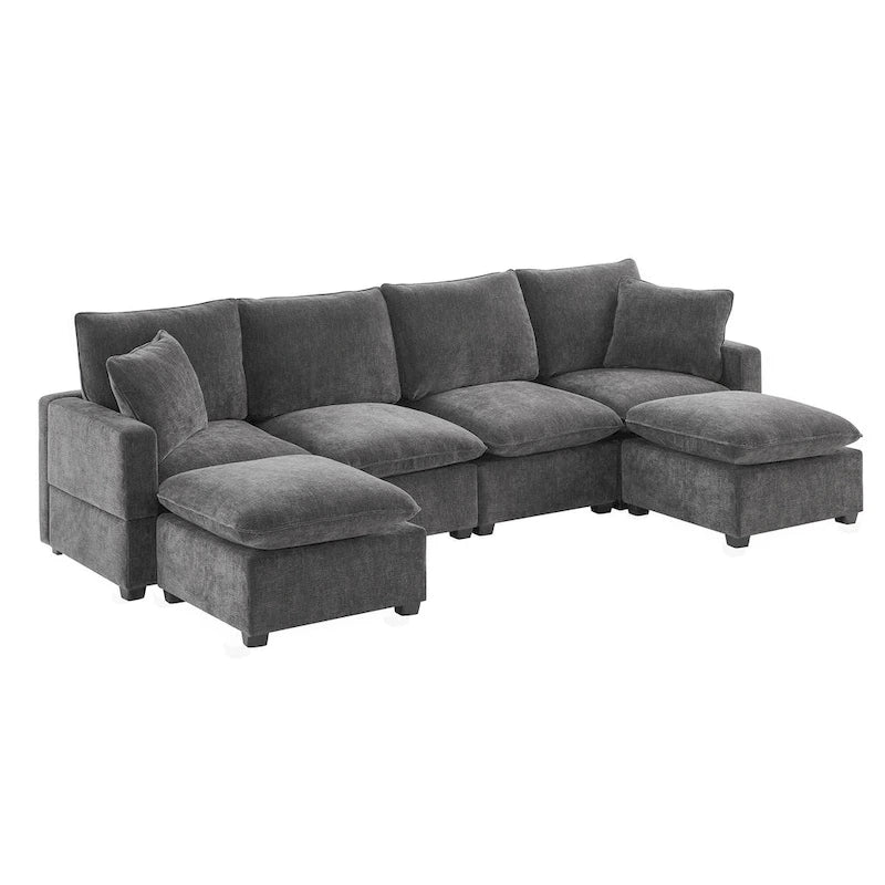 U Shape Modular Sofa, 6 Seat Chenille Deep Seat Sectional Couch