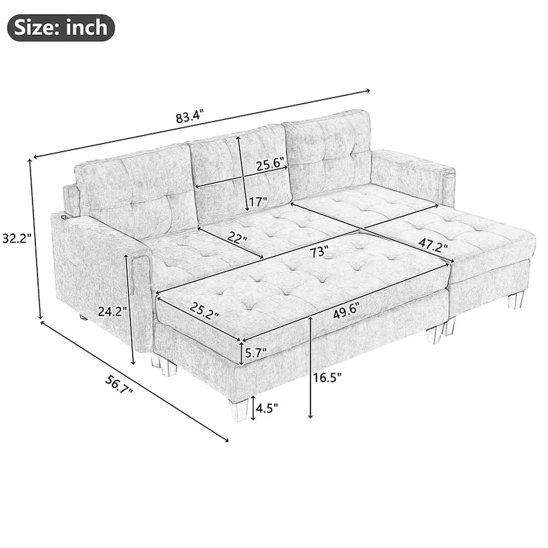 83.4inch L-shaped Sofa Sectional Couch Sofa Bed