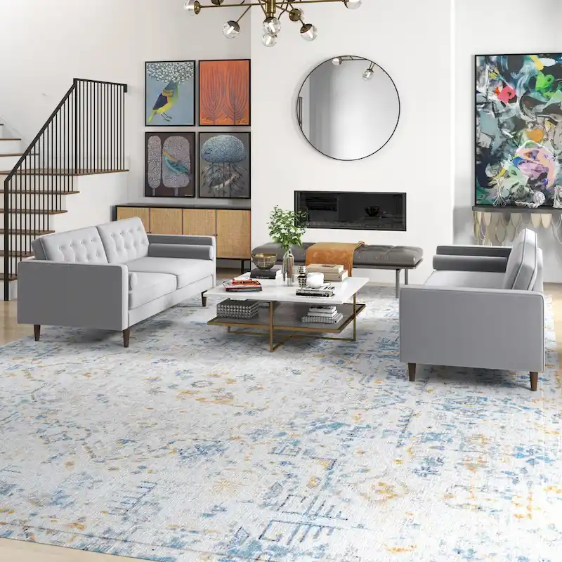 Kenzo Mid Century Pillow Back Velvet Sofa and Loveseat Set