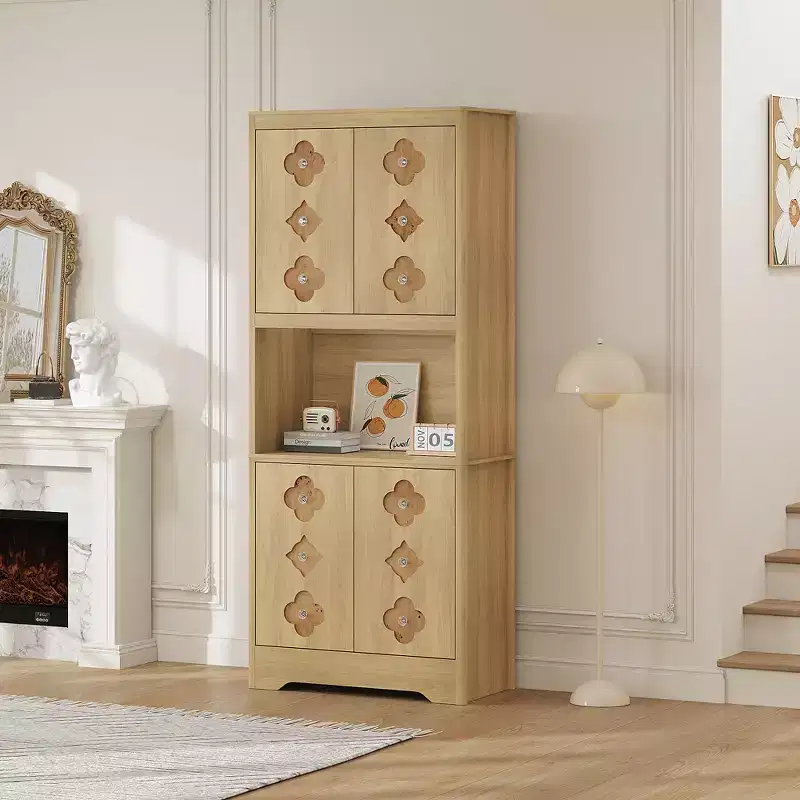 72 Tall Pantry Cabinet with Carved Door, Kitchen Storage Cabinet with Shelf for Microwave, Wooden Cupboard with Crystal Handle for Dining Room
