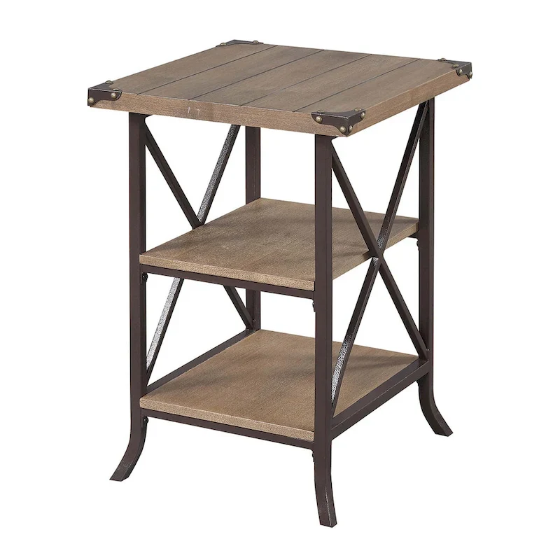 18-Inch End Table with Shelves, Hammered Metal Frame, Grooved Top Panel, Scrolled Feet for Living Room