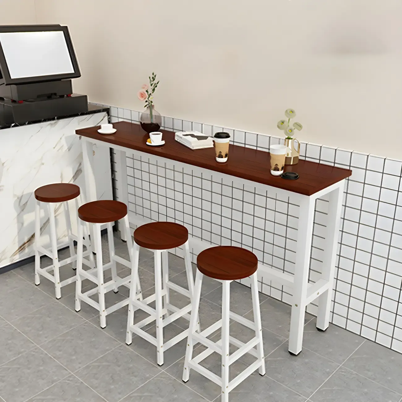 Rectangular Natural Wood Metal Trestle Bar Tables