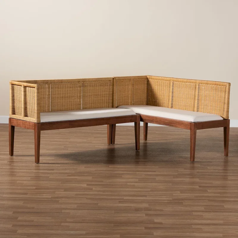 Tabanan Modern Bohemian Nautral Brown Rattan and Brown Acacia Wood 2-Piece Dining Nook Banquette Set