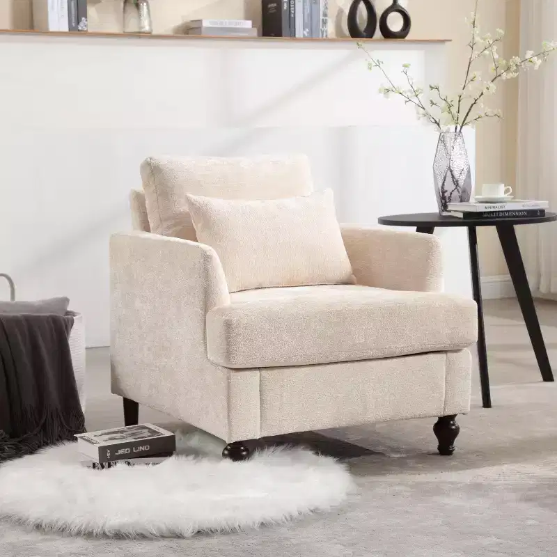 Okak Modern Chenille Accent Chair with Soft Upholstered Leisure Sofa Solid Wood Frame Armchair Club Chair for Reading Lounge Bedroom