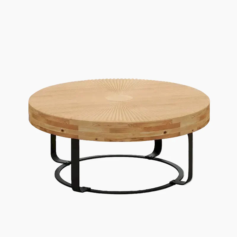 Modern Round Coffee Table Wooden Carving Pattern Coffee Table with Metal Legs for Living Room Reception Room Office ,Black