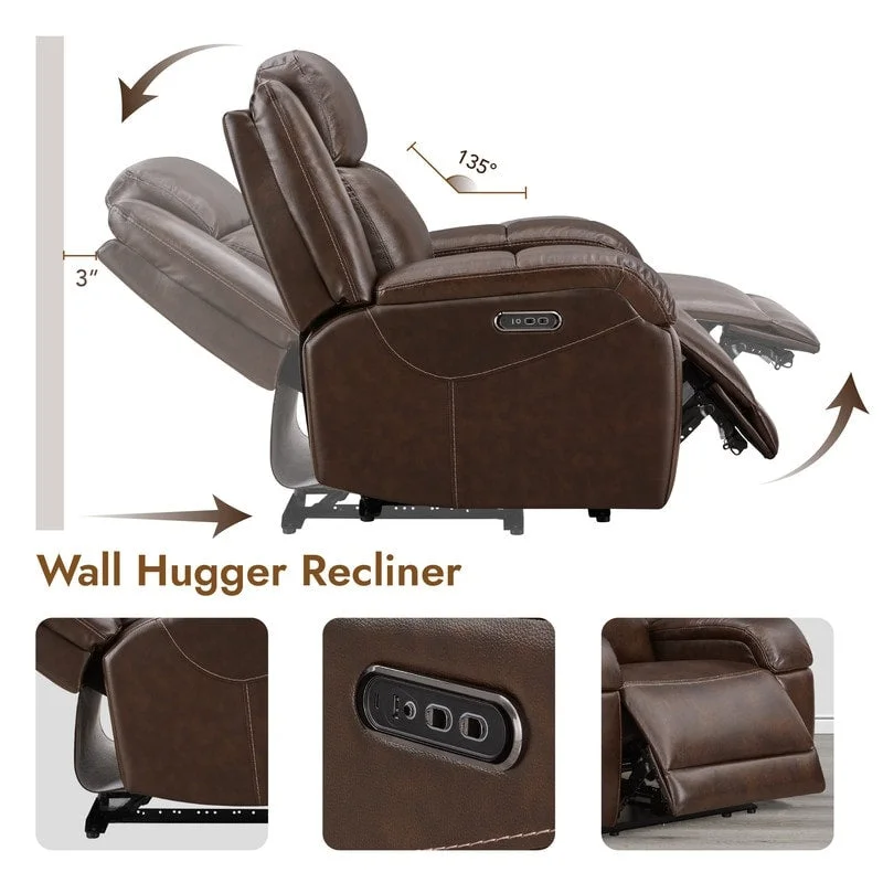 Brown Leather Power Recliner with Headrest - Single Seat