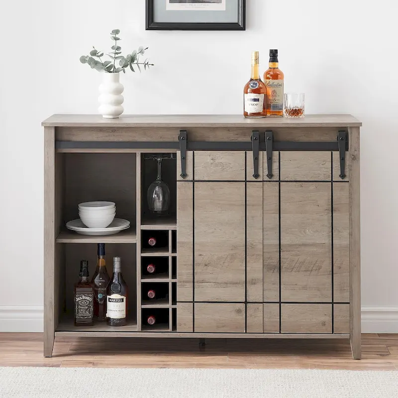 Dark Brown / White Farmhouse Sliding Barn Door Wine Bar Cabinet with 16-Bottle Rack – Single Unit
