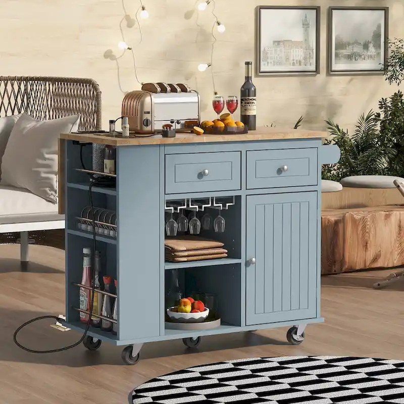 Kitchen Storage Island with Drop Leaf and Power Outlet For Dining Room