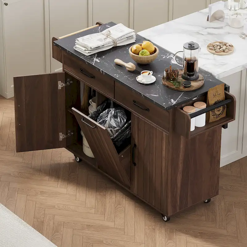 51 in. W Rolling Kitchen Island Cart with Drop Leaf and Tilt-out Trash Can