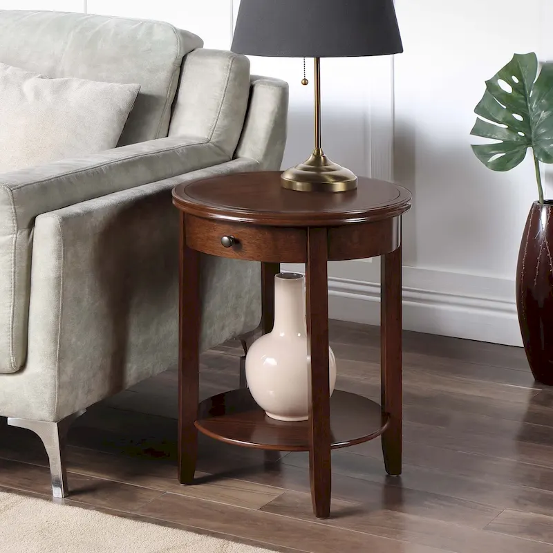 2-Tier End Table with Drawer – Espresso / White / Black, Grooved Edge, Seats 1