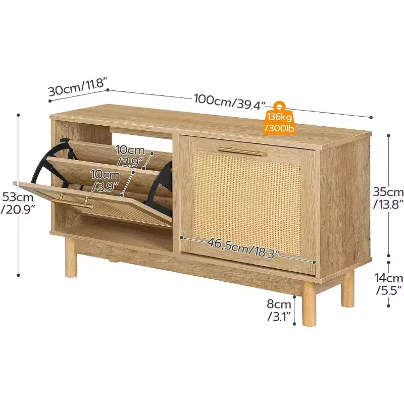 ACOINEL Shoe Storage Bench for Entryway, Rattan-Like Narrow Shoe Rack Bench with Flip Drawers & Rattan Doors, Natural Wooden Shoe Organizer