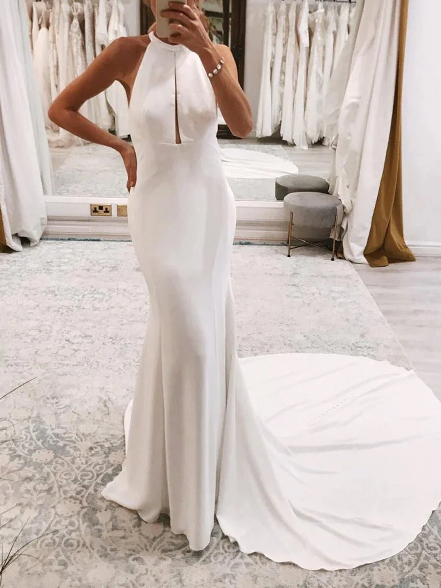 Simple White Halter Open Back Long Wedding Dress