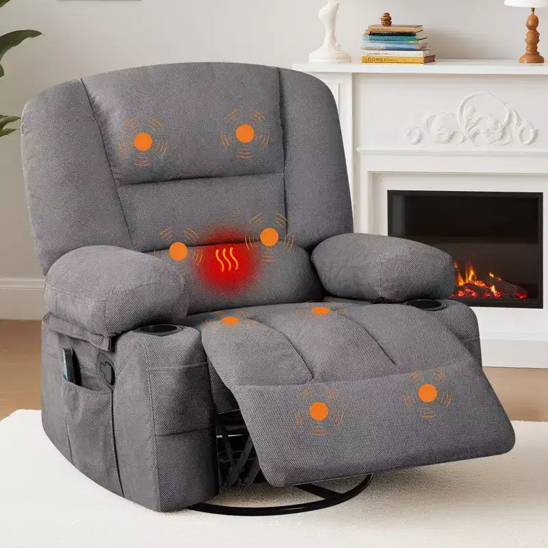 360 Swivel Recliner Chair with Heat and Massage, Recliner for Adults, Single Sofa Seat with 3 Positions, 2 Pockets, 2 Cup Holders and 1 Storage