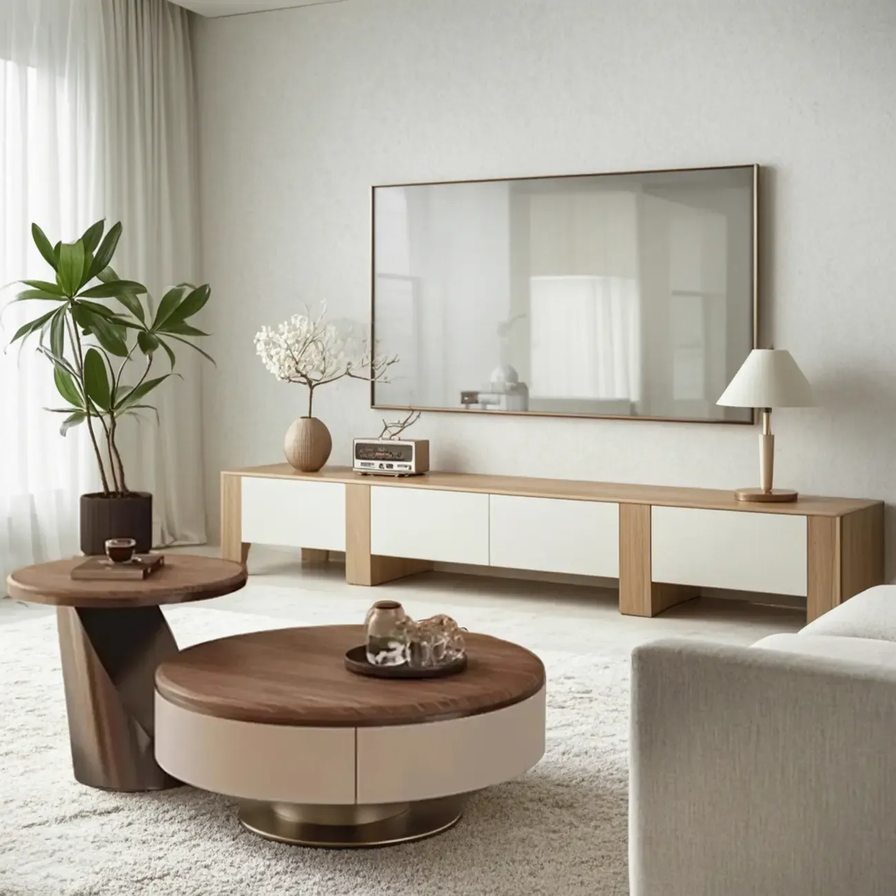 Brown 2 Drawers Elegant Round Wood Coffee Table