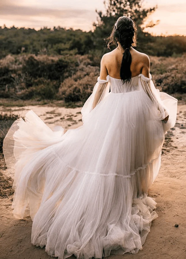 Elegant Flowy Tulle Off the Shoulder Long Sleeve Boho Wedding Bridal Gowns