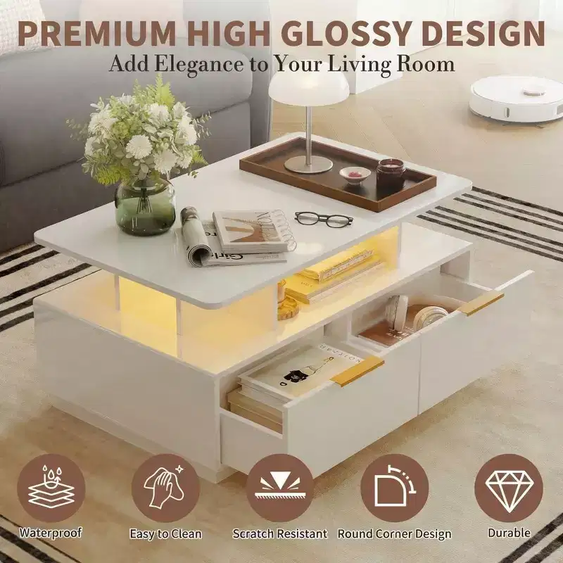 35 LED Coffee Table with 4 Storage Drawers and Open Shelf - Modern White Rectangular Table with Color-Changing Lights