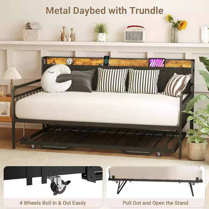 Zevemomo Twin Daybed with Pop Up Trundle,Heavy Duty Metal Twin Bed FrameLED Lights Upholstered Headboard,for Living Room Bedroom Guest Room,Black