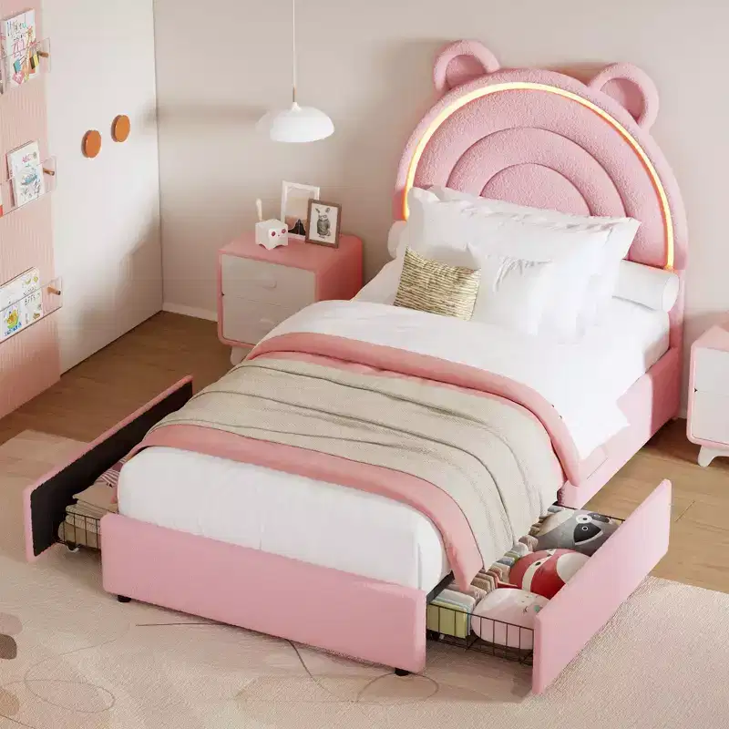 Twin Size Bed Frame with 4 Storage Drawers & LED Lights, Upholstered Platform Bed with Headboard for Kids, Wood Slats Support, No Box Spring Needed