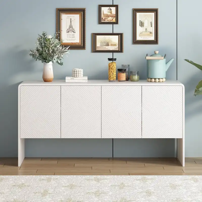 White / Apricot Cream 4-Door Sideboard with Adjustable Shelves, Push-Open, 1-Person Assembly