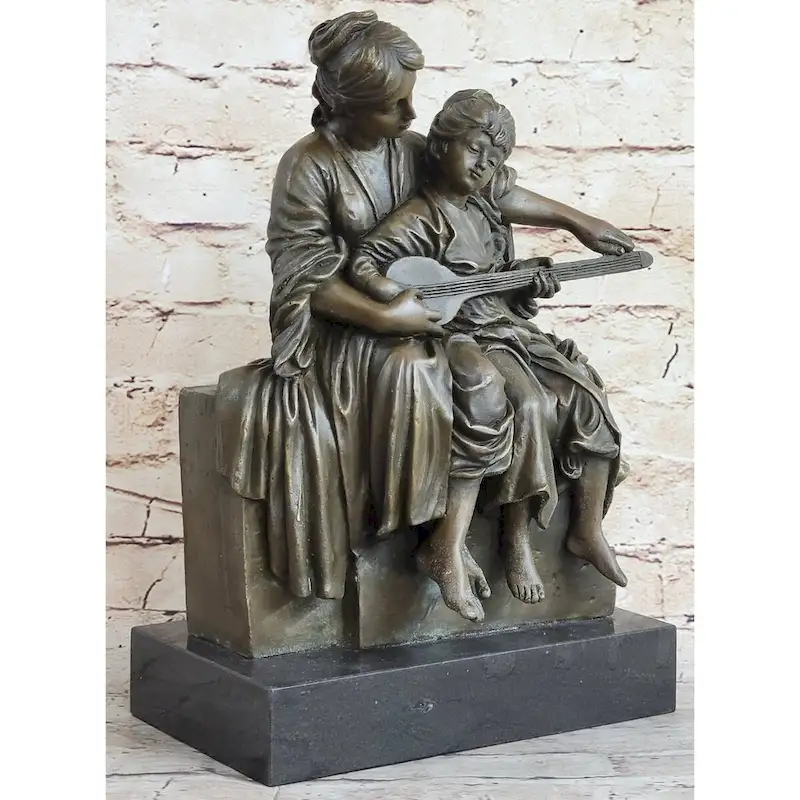 Mother And Playing Music Guitar 100 Percent Solid Bronze Sculpture Figurine Figure Sale