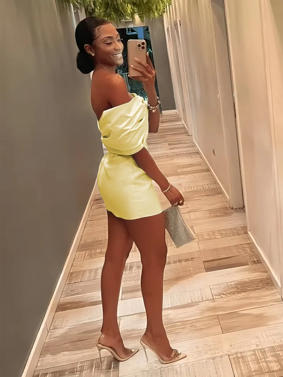 Yellow - Off The Shoulder Satin Bodycon Short Homecoming Dress With Beading