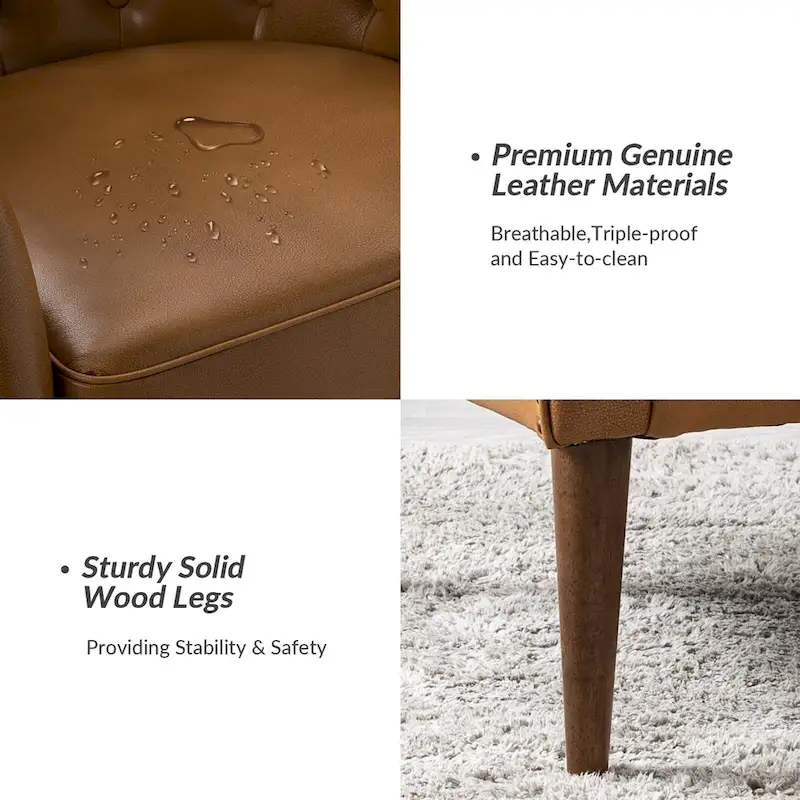 Melisa Classic Genuine Leather Wood Legs Barrel Chair With Tufted Back By HULALA HOME