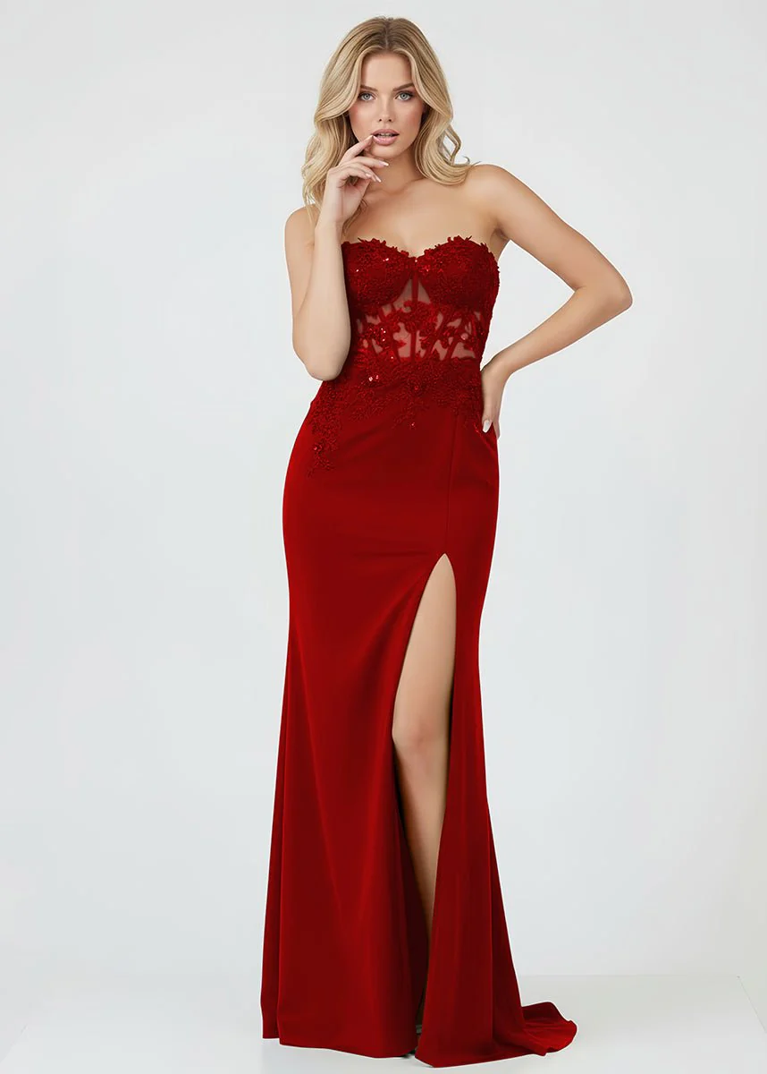 Sheath Sweetheart Long Satin Prom Dress with Slit