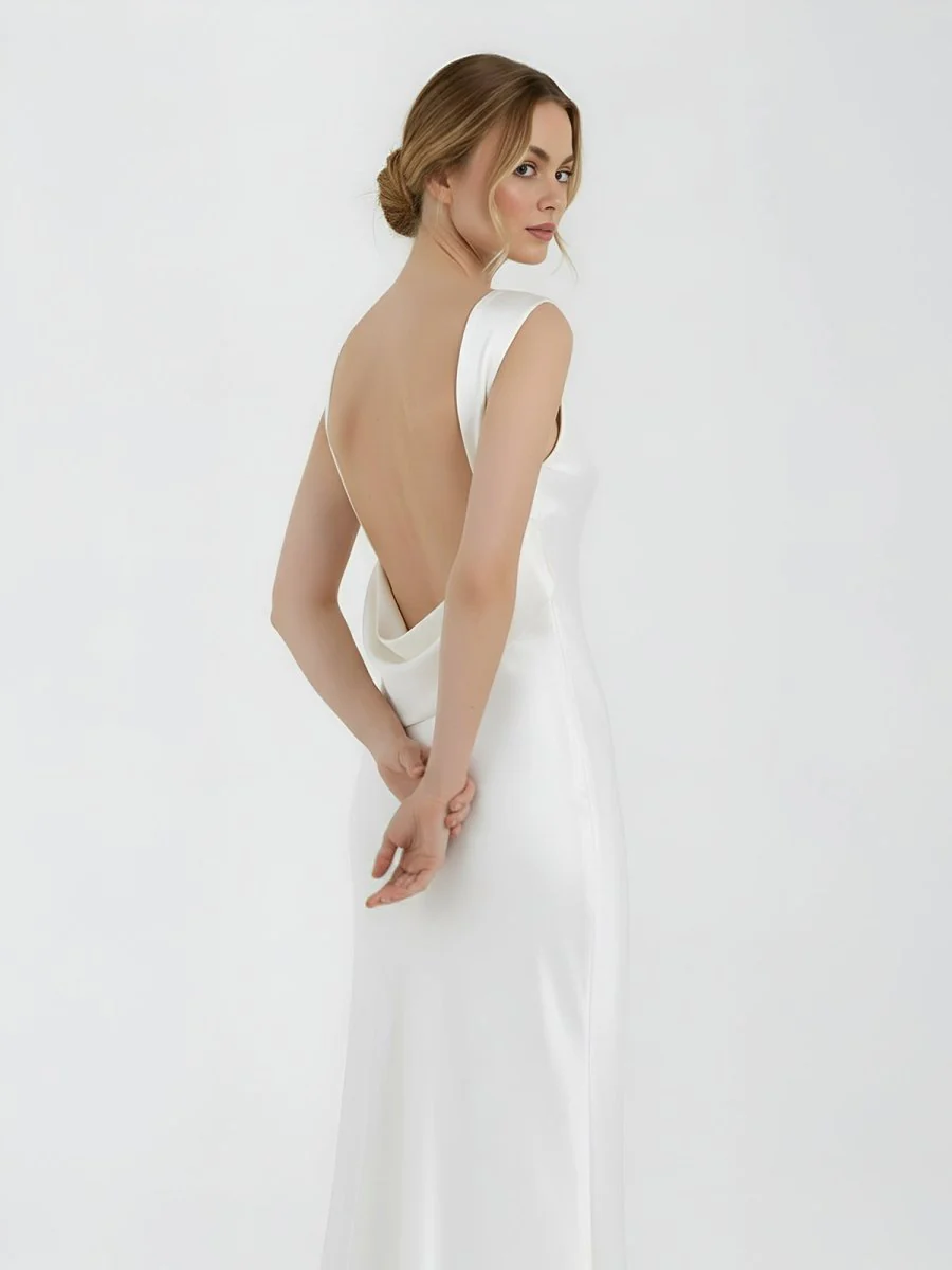 Sheath High Bateau Neck Backless Silk Satin Wedding Dress