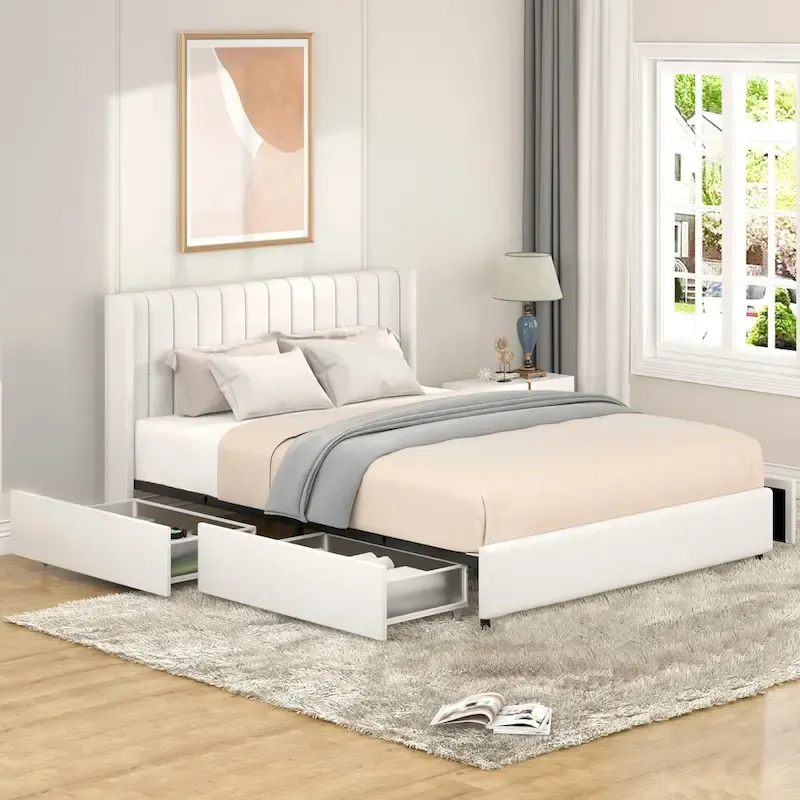 Ivory Bouclé Upholstered Queen Platform Bed with Storage Drawers