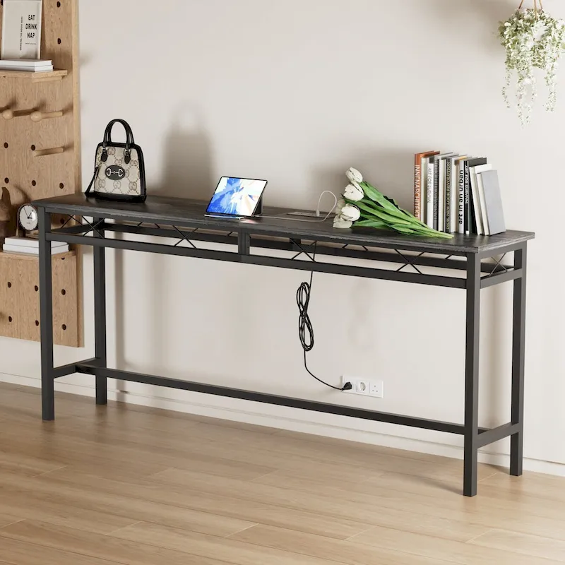 Console Table with Charging Station & USB Ports, Charcoal Gray