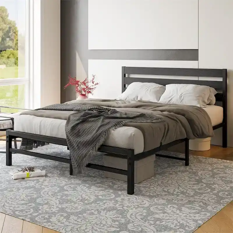 Queen Size Platform Bed Frame with Wooden Headboard, Under Bed Storage