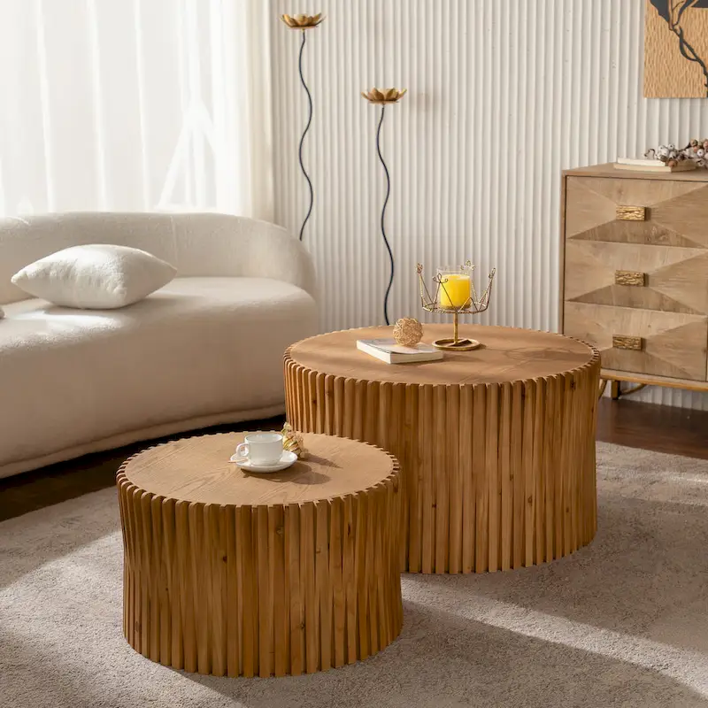 Natural Wood-Tone Cylindrical Nesting Coffee Table, Embossed Relief, Set of 2
