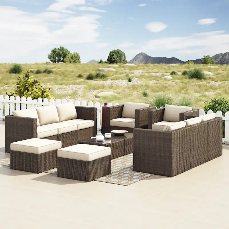 Corvus Trey 12-piece Brown Wicker Patio Furniture Sectional Conversation Set