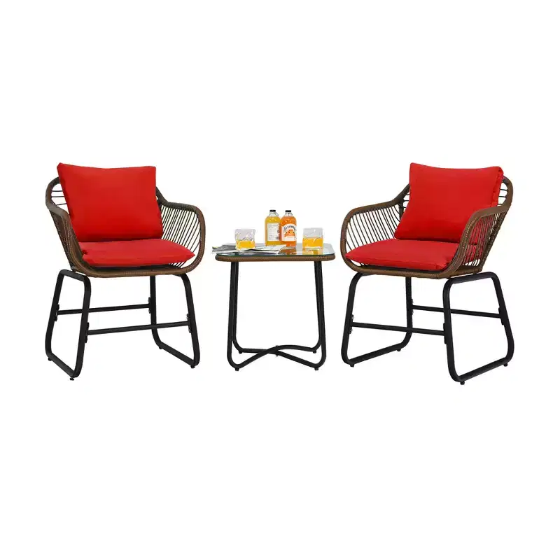 Costway 3PCS Patio Rattan Bistro Set Cushioned Chair Glass Table Deck White\Turquoise