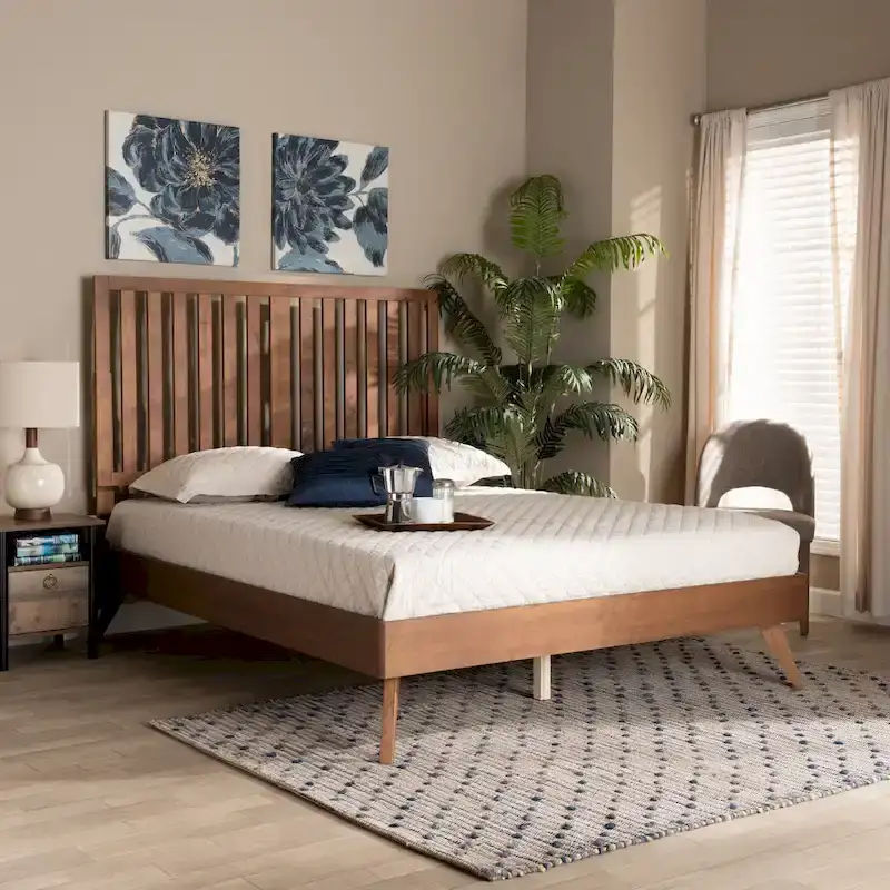 Mid-Century Modern Walnut Brown Finished Wood Platform Bed