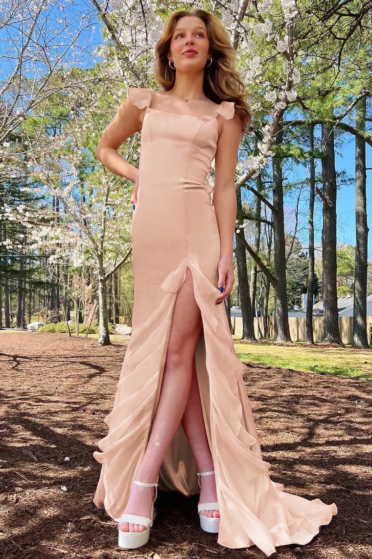 Emerald Green Square Neck Ruffle Slit Prom Dress