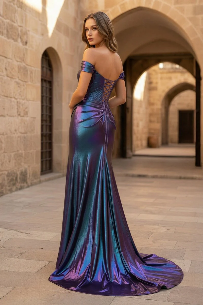Mermaid Off the Shoulder Purple Metallic Long Prom Dress