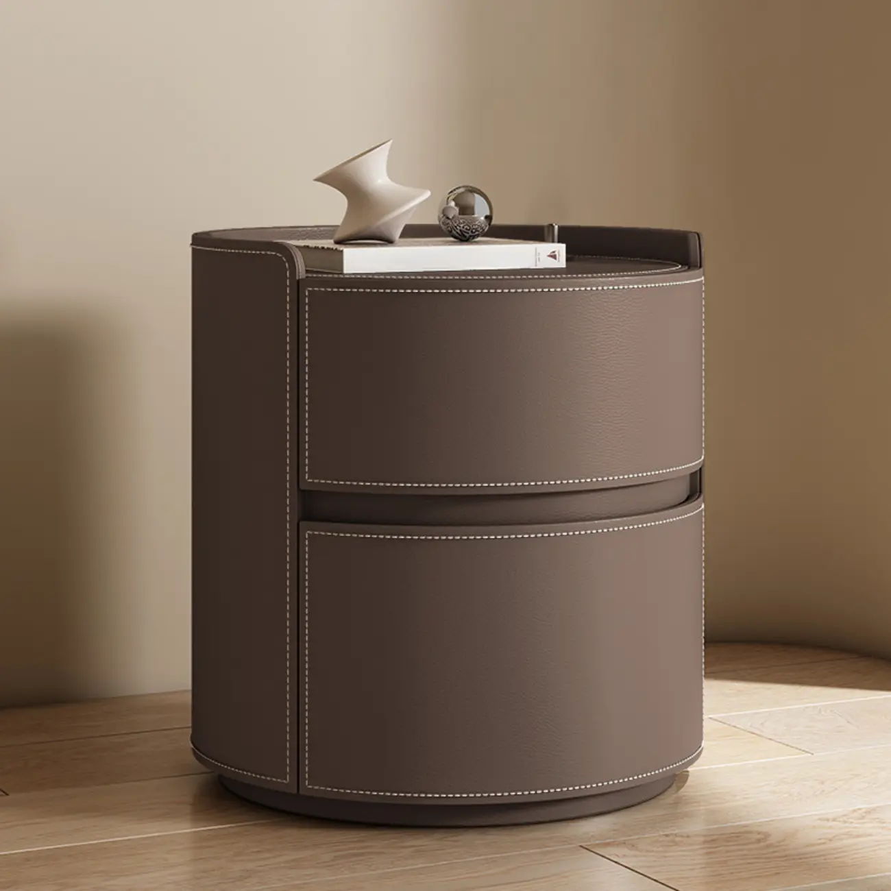 Modern Leather Tray Round 2-Drawer Nightstand