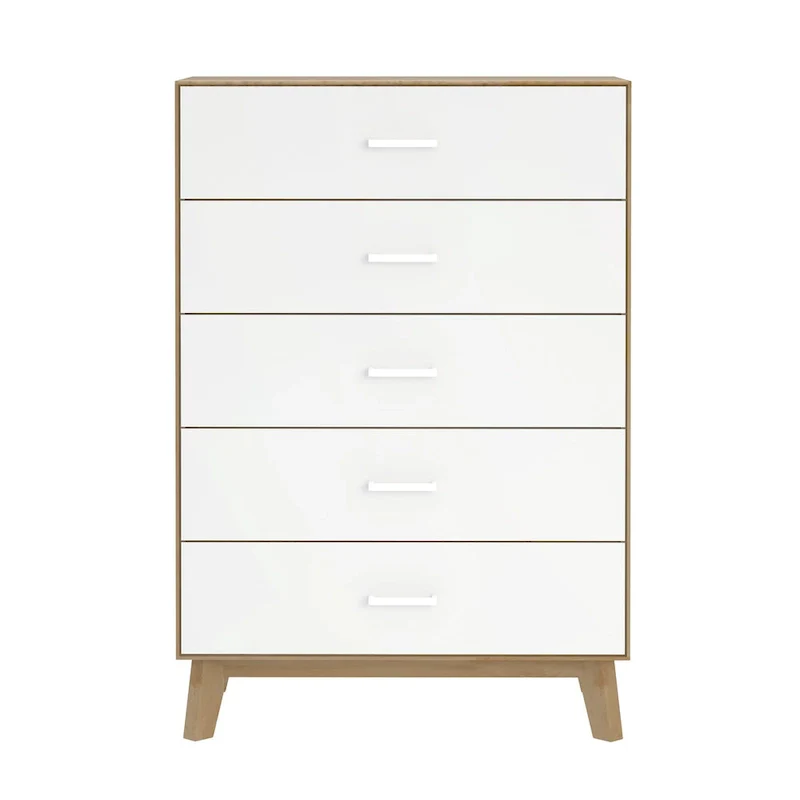 White & Natural 5-Drawer Solid Wood Dresser – Single