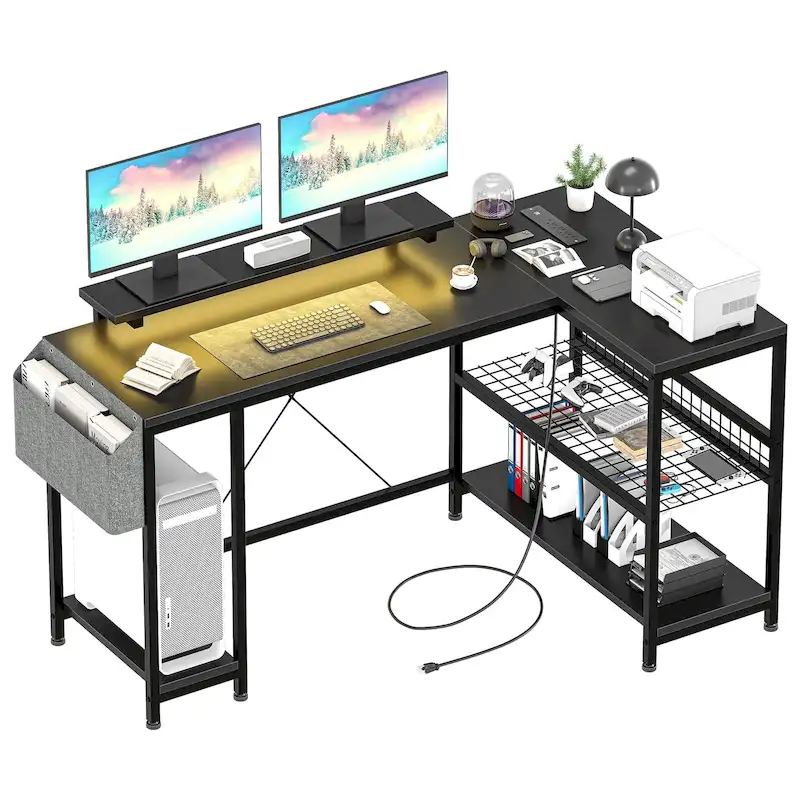 Modern L Shaped Computer Desk with Power Outlets & LED Light