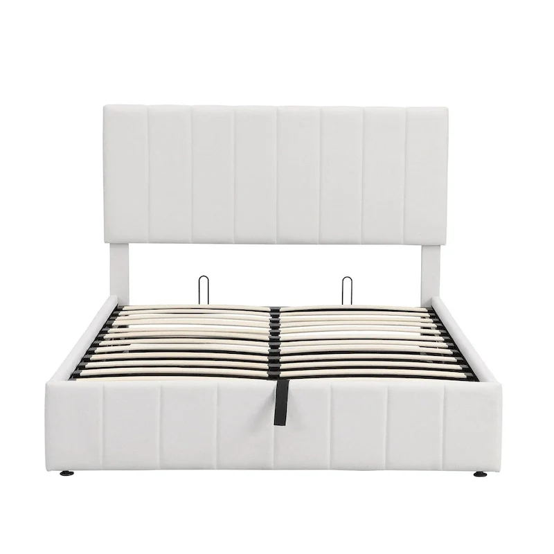 White Upholstered Platform Bed with Hydraulic Storage – Full Size, for 2